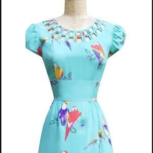 Vintage Trashy Diva Tropical Birds Print Dress Rockabilly Sz 8 NOVELTY DESIGNER